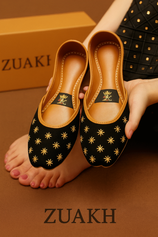 Noor-e-Zuakh Black – Handcrafted Khussa with Golden  Tilla Work